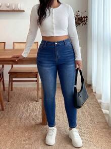 Plus Size Blue Stretch Skinny Jeans/ Summer - Dark Wash - View 3