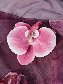 ROMWE Avant 3件套女士印花优雅性感露背3D花朵沙滩连衣裙比基尼套装，春夏度假 - 紫色 - 查看 3