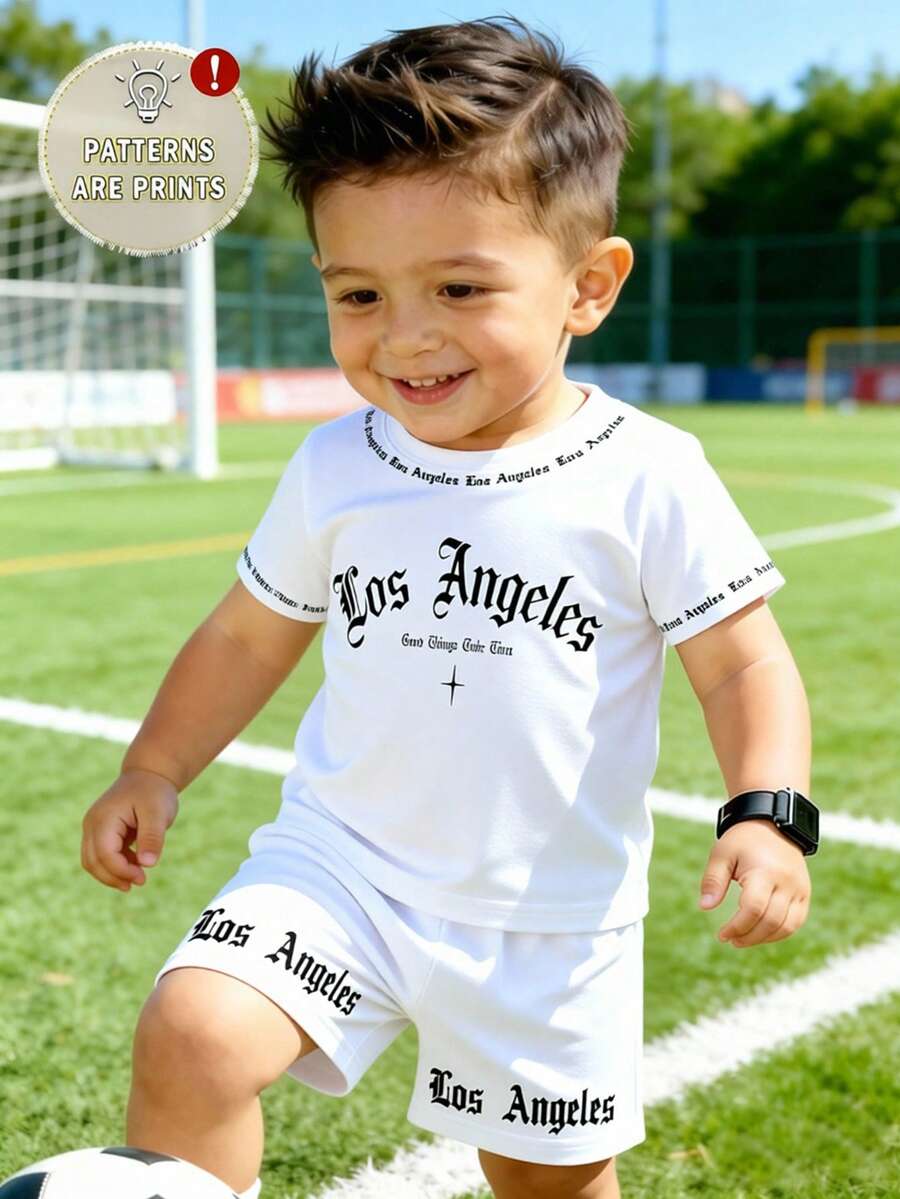 2 piezas Conjunto de chaleco con estampado de letras inglesas + pantalones cortos, estilo callejero para bebé niño, adecuado para salidas en verano