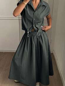 DAZY Ensemble 2 pièces pour femmes, Top court et jupe en couleur unie, tenue décontractée d'été. Ensembles courts pour femmes - Gris foncé - Voir 3