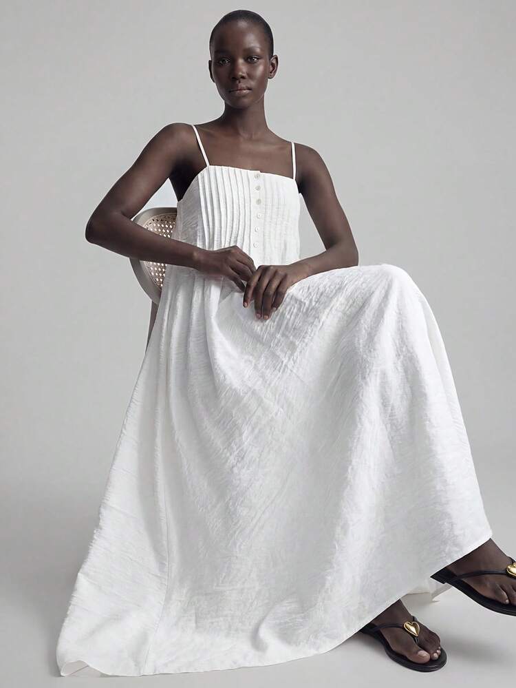 2026SS New Summer Women's Long Dress, Popular Solid Color Woven Fabric Vacation Style, Holiday Outfit. Women's White Sleeveless Pleated Dress With Square Neck, Minimalist Elegant Urban Chic Commuting Teacher Outdoor Summer Holiday Beach Wedding Guest Party Dress, Romantic Date Outfit, Comfortable Loose Waist Design, Fashionable Bestseller Long Dress For Women