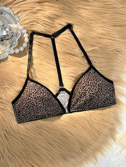 Bare Chapter 1pc Front Closure Wireless Unpadded Animal Leopard Print Mesh Bra For Women