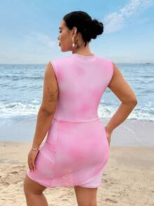 SHEIN Swim Plus Size Pink Floral Print One-Piece Mesh Skirt Burkini Swimwear Two Pieces Set, Vacation Beach Outfit - Multicolor - View 2