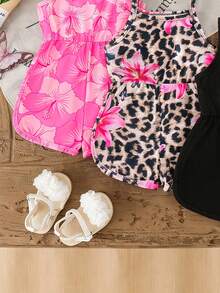 SHEIN Vintaside Kids 3pcs Baby Girls' 2026 Summer New Hibiscus Floral Strap Soft Cute Round Neck Casual Tropical Versatile Rompers,Pink And Black Vacation Beach - Multicolor - View 3