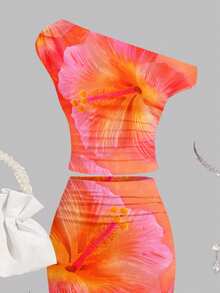 少女碎花单肩T恤和迷你裙休闲度假套装 - 彩色 - 查看 5