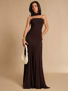 Silquee Vestido sin tirantes de unicolor elegante para mujer, adecuado para fiestas - Marrón - Ver 3