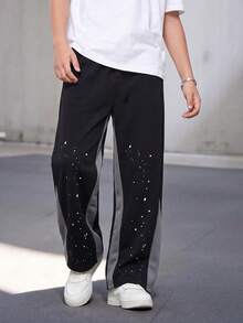 PAVTROS 1pc Boys' Casual Comfortable Black Knit Patchwork Wide Leg Pants, Street Style, Autumn/Winter - Black - View 1