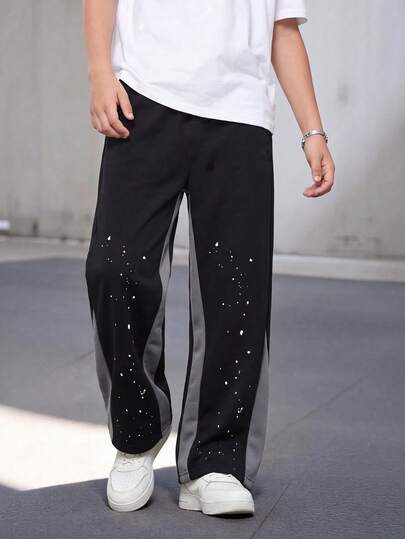 PAVTROS 1pc Boys' Casual Comfortable Black Knit Patchwork Wide Leg Pants, Street Style, Autumn/Winter