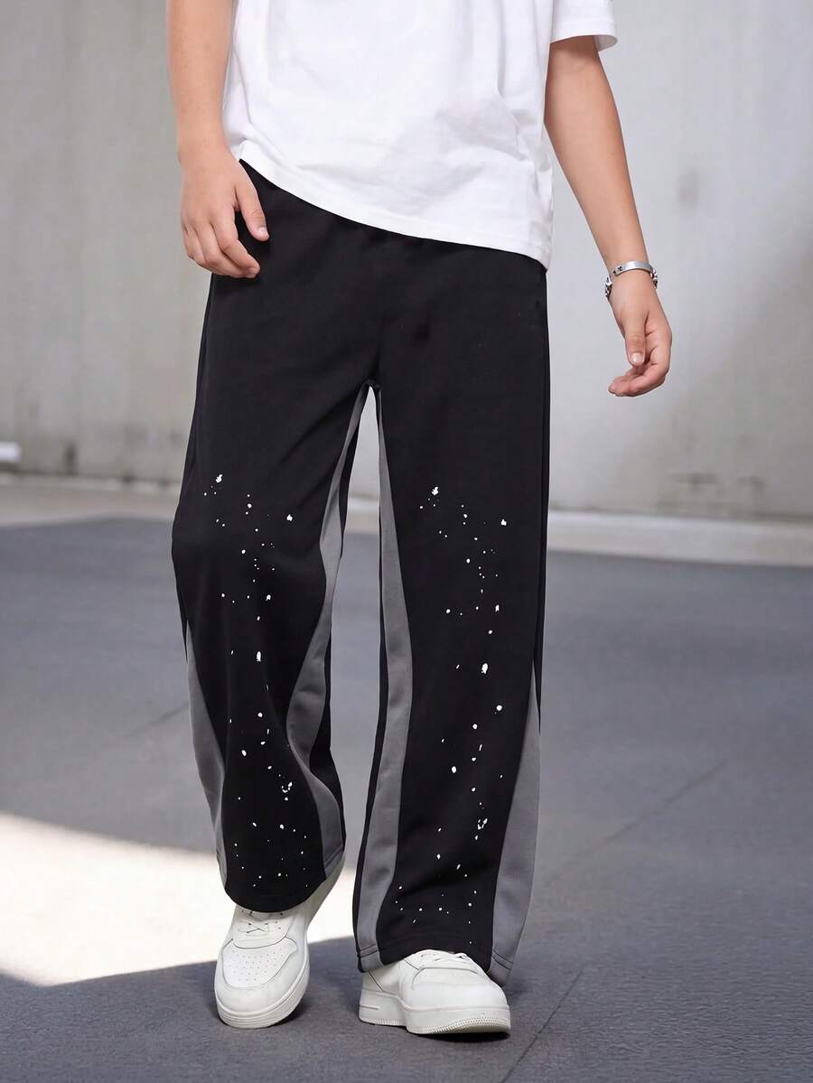 PAVTROS 1pc Boys' Casual Comfortable Black Knit Patchwork Wide Leg Pants, Street Style, Autumn/Winter - Black - View 1