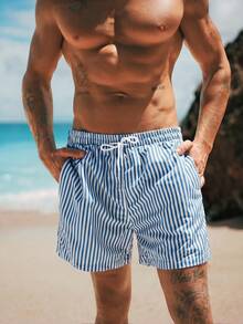 HIMLAND Pantalones cortos a rayas para hombre en tela tejida transpirable, bañadores amarillos a rayas para hombre, pantalones cortos de natación a rayas amarillos para hombre, pantalones cortos de playa para hombre, ropa de playa para hombre, vacaciones, regalos del Día del Padre - Azul - Ver 5