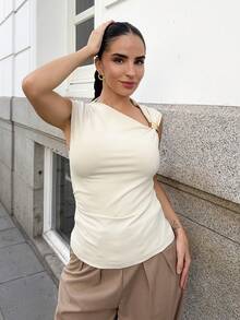 Marta Soriano 女式休闲金属装饰褶皱修身T恤，夏季 - 杏色 - 查看 3