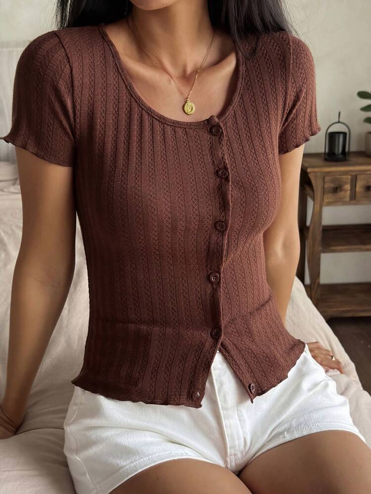 Women's Summer Scoop Neck Fitted Short Sleeve Casual T-Shirt, Textured Fabric