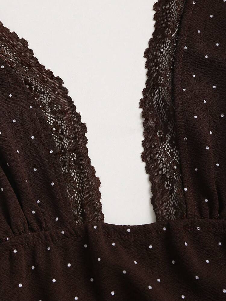 xheSweetra Nuevo vestido mini de primavera/verano 2026 con textura de tela de encaje y parches, lunares marrones, dulce y de moda, adecuado para la calle y fiestasxhe - Marrón - Añade 4