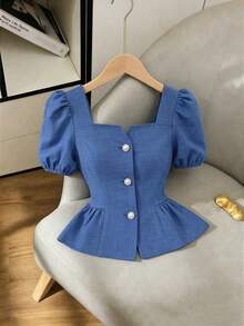 Elenzga Women's Aqua Blue Summer Elegant Tea Party Vacation Square Neck Textured Open Front Petal Sleeve Ruffle Hem Casual Blouse,Versatile For Work,Date - Blue - View 3