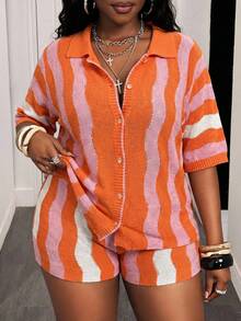 SHEIN CURVE+ Women's Orange Sommar Smart Casual Everyday Bohemian Wave Striped Crochet Knit Sweater 2 Pieces Set,Shirt Collar Short Sleeve Cardigan & Mini Shorts - Multicolor - View 4