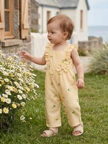SHEIN Vintaside Kids 女婴时尚休闲简约数码印花连体衣，适合外出、休闲、朋友聚会、公园散步、海滩度假、春夏季穿着。 - 黃色 - 查看 3