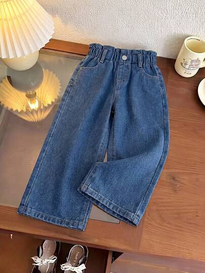 SHEIN Genkimix Kids Quần jeans ống rộng dáng suông kiểu vintage cho bé gái, chất liệu denim bạc màu, thích hợp cho mùa Thu/Đông.