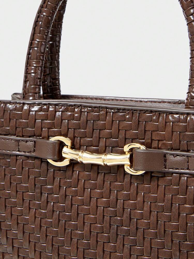 WOMEN'S FASHIONABLE BROWN WOVEN HANDBAG, EXQUISITE BUCKLE DECORATION, LARGE-CAPACITY TOTE BAG FOR DAILY COMMUTING, SUITABLE FOR WOMEN, MOTHERS, TEACHERS, WORK, SHOPPING, VACATION