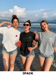 Bộ 3 áo thun nữ tay ngắn cổ tròn dáng crop, họa tiết tối giản, in hình trái tim, nơ và dâu tây. - Nhiều màu - Xem 1
