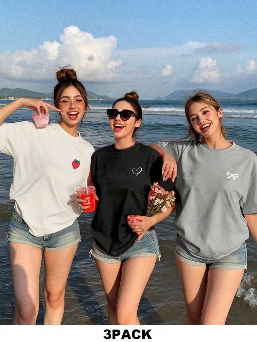 Bộ 3 áo thun nữ tay ngắn cổ tròn dáng crop, họa tiết tối giản, in hình trái tim, nơ và dâu tây. - Nhiều màu - Xem 1