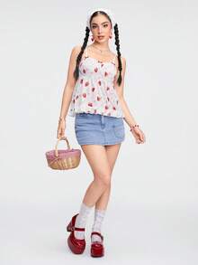 Kawaii Women Strawberry Print Contrast Lace Vacation Style Spring/Summer Babydoll Cami Top, School - Red - View 6