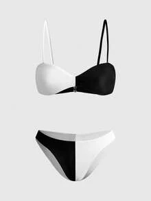ROMWE Avant 2pcs Bikini Seksi dengan Warna Kontras, untuk Liburan Pantai Musim Panas - Hitam dan Putih - View 1