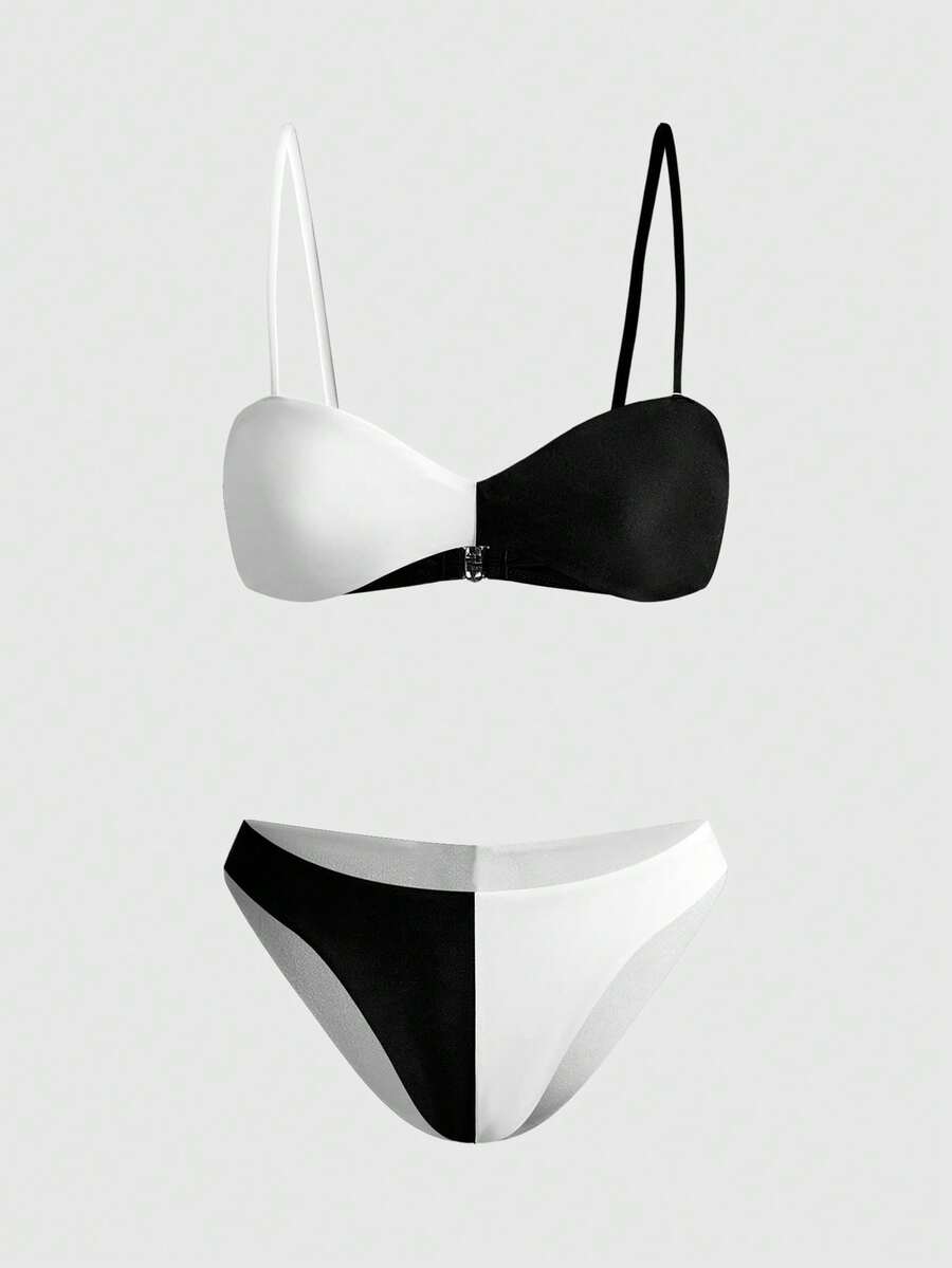 ROMWE Avant 2pcs Bikini Seksi dengan Warna Kontras, untuk Liburan Pantai Musim Panas - Hitam dan Putih - View 1