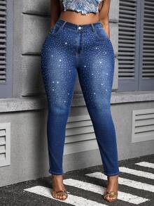 SHEIN Lady Plus Size Sexy Skinny Stretch Rhinestone Embellished 7/8 Length Jeans, Blue, For Women - Dark Wash - View 5