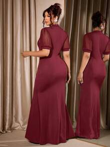 Cravure Plus Size Knit Short Sleeve Elegant Vintage Mesh Dress, Burgundy Evening Formal Summer - Burgundy - View 2