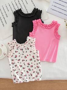 SHEIN Genkimix Kids Bộ 3 món cho bé gái: Áo tank top xếp ly màu trơn cho mùa hè - Hồng, Trắng & Đen - Nhiều màu - Xem 3