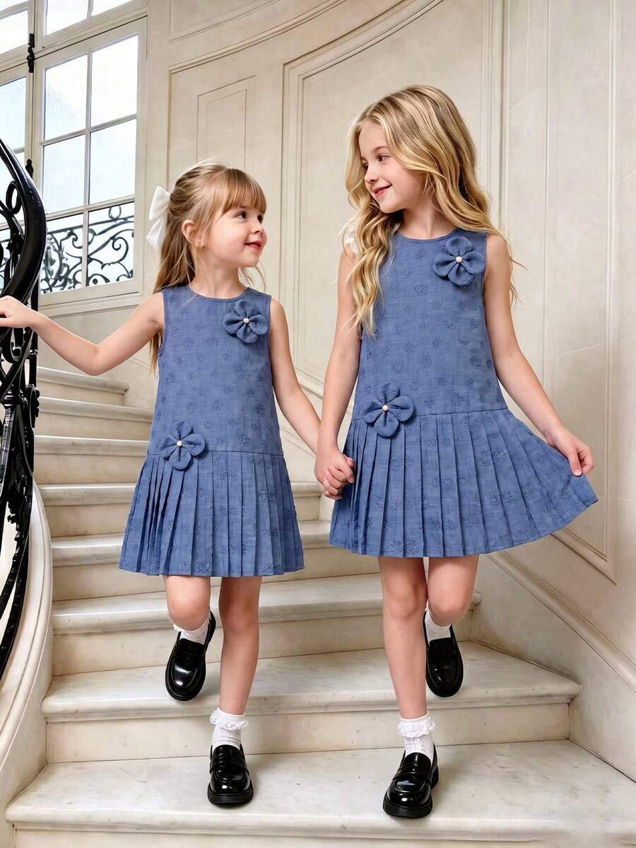 Elladie kids 少女夏季新款休闲甜美优雅蝴蝶结装饰3D立体花朵点缀无袖褶皱下摆压花蓝色连衣裙 - 藍色 - 查看 1