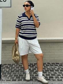 Dazy Plus Striped Loose Patchwork Collar Casual Short Sleeve Knit Top - Navy Blue - View 4