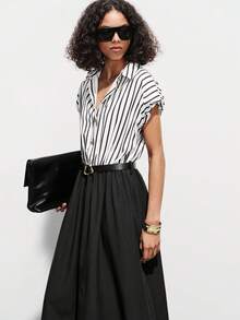 SHEIN Luminelle Women's Sleeveless Striped Patchwork Belted A-Line Long Shirt Dress, V-Neck - Black - View 7