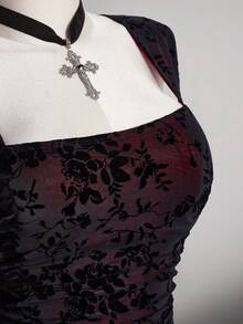 ICON Vestido ajustado con cuello cuadrado, estilo gótico oscuro Y2K, de malla y fruncido para mujeres de talla grande - Burdeos - Ver 6