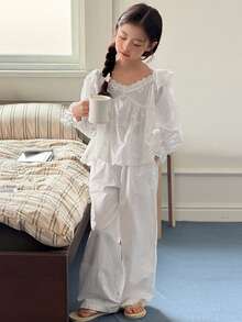 DAZY Bộ đồ ngủ cho bé gái tuổi teen: Áo cổ chữ V rộng rãi + Quần ống đứng. - trắng - Xem 5