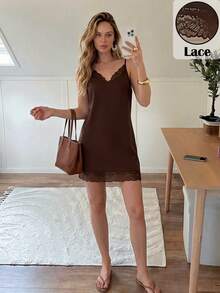 SHEIN LUNE Women's V-Neck Lace Patchwork A-Line Slip Dress,Satin Fabric With Sheen,Elegant Dark Brown Summer Mini Dress For Office Brunch Party,Vacation Wear - Brown - View 5