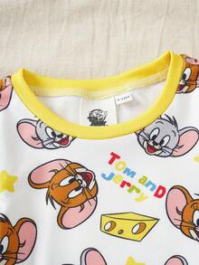 TOM & JERRY X SHEIN 男婴卡通字母印花圆领短袖上衣和短裤休闲家居服套装 - 白色 - 查看 3
