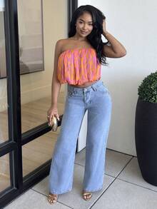 Alexandranx 女士度假海滩风格油画印花雪纺露背短款上衣，春夏 - 橘色 - 查看 1