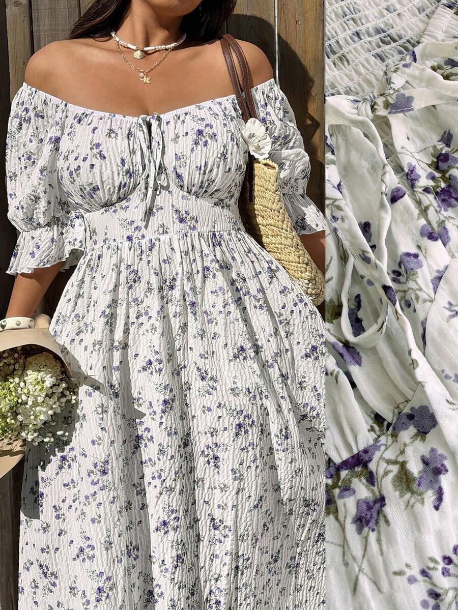 Sunnyshic Plus Size Textured Ditsy Floral Waist Cinching Dress, Suitable For Spring/Summer Vacation - Purple - View 1