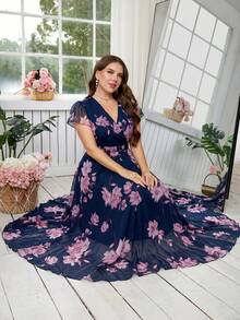 Reflora 大码女士优雅印花连衣裙，夏季婚礼宾客礼服 - 彩色 - 查看 3