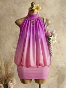 BamGleam Women's Ombre Purple Hot Pink Halter Top And Bodycon Mini Skirt 2 Pieces Set, Summer Casual Sexy Vacation Holiday Hawaiian Outfit, Backless Pleated - Multicolor - View 8
