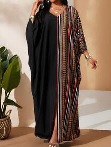 SHEIN Lady  Plus Size V-Neck Long Sleeve Solid Color Patchwork Loose Casual Dress Robe Halloween Clothes Halloween Clothes Vacation Outfits Woman - Black - View 4
