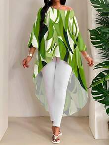 SHEIN Lady CURVE 春夏优雅通勤办公休闲波西米亚风彩色编织圆领高低袖七分袖大码T恤 大码衬衫 - 彩色 - 查看 8