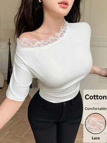 Modelyn White Asymmetrical Shoulder Lace Trim Waist Fitted Short Sleeve T-Shirt Golf Summer Sexy - White - View 4
