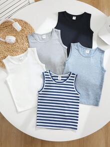 SHEIN Young Boy 5pcs/Set Comfortable Letter Patched Casual Tank Top,White,Summer,Family Matching,Suitable For School,Home Leisure And Professional Sports - Multicolor - View 4