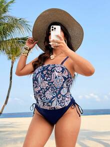 Swim Lushoire Conjunto de tankini de traje de baño de talla grande con estampado de paisley - Multicolor - Ver 5