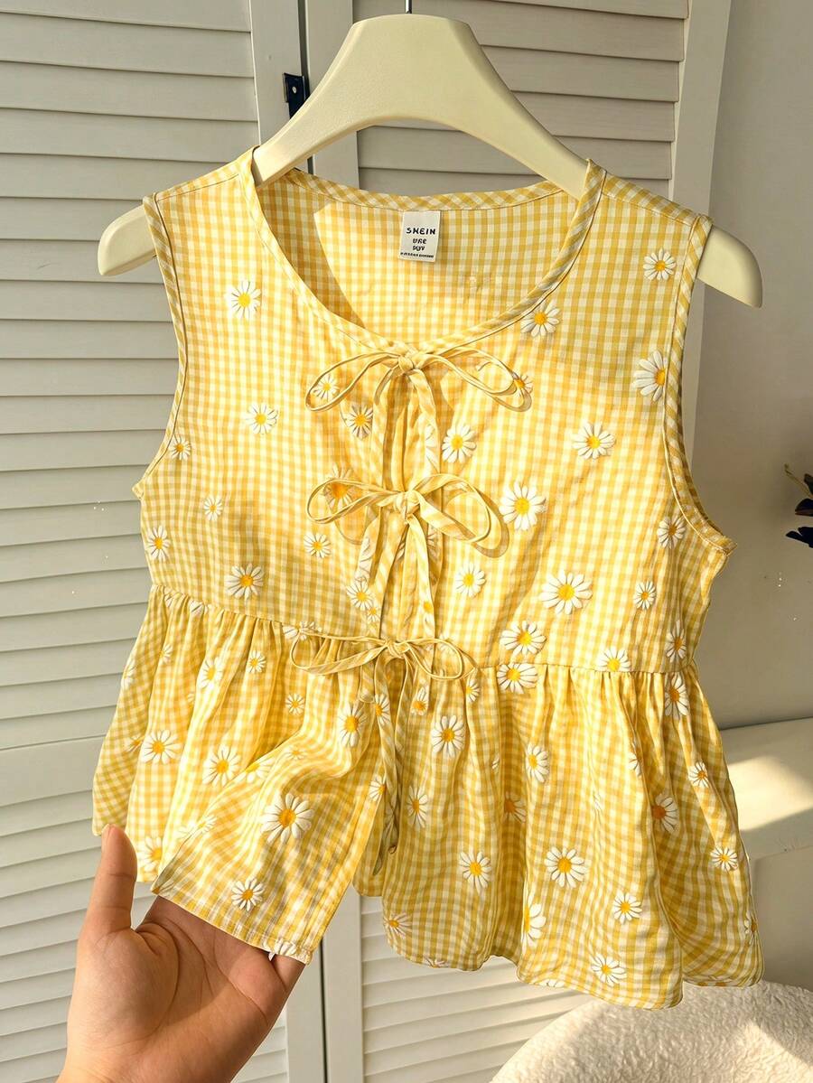 SHEIN 少女休闲日常度假格子花卉图案前蝴蝶结无袖上衣 - 黃色 - 查看 1