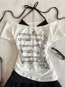 Teen Girls Casual Retro Print 2 In 1 Short Sleeve T-Shirt - Black and White - View 4