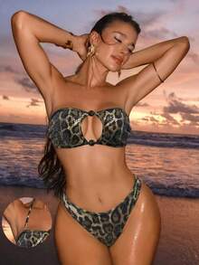 SHEIN Swim SXY Bộ bikini họa tiết da báo hoang dã với sequin lấp lánh, mang hơi hướng retro thập niên 2000, thiết kế không dây với những đường cắt xẻ ở ngực. - màu nâu - Xem 4