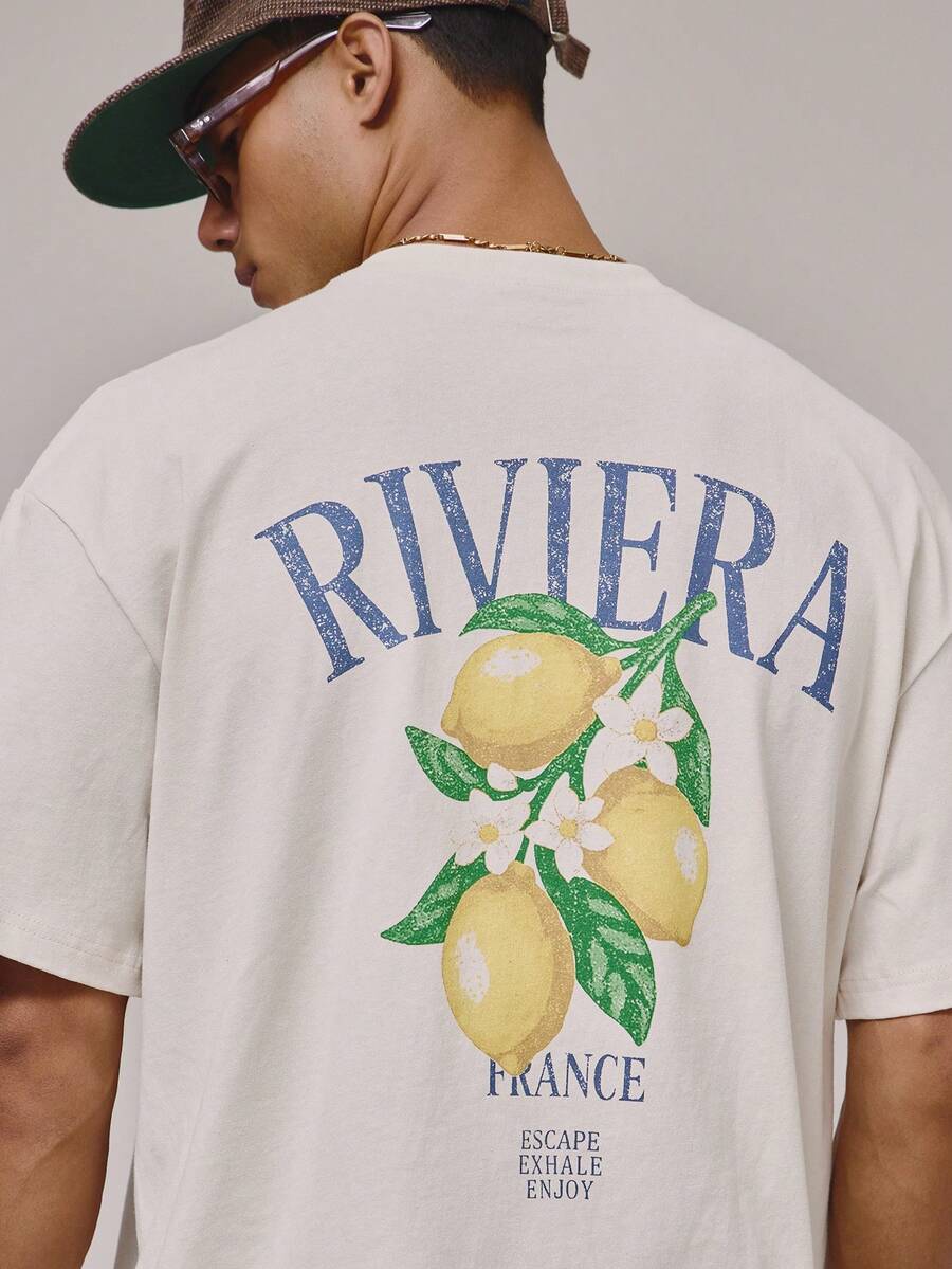 Musero Oversized Crew Neck Short Sleeve Dropped Shoulder "RIVIERA" Lemon Graphic Print Tshirt Spring Summer Holiday Essentials - Camel - View 1